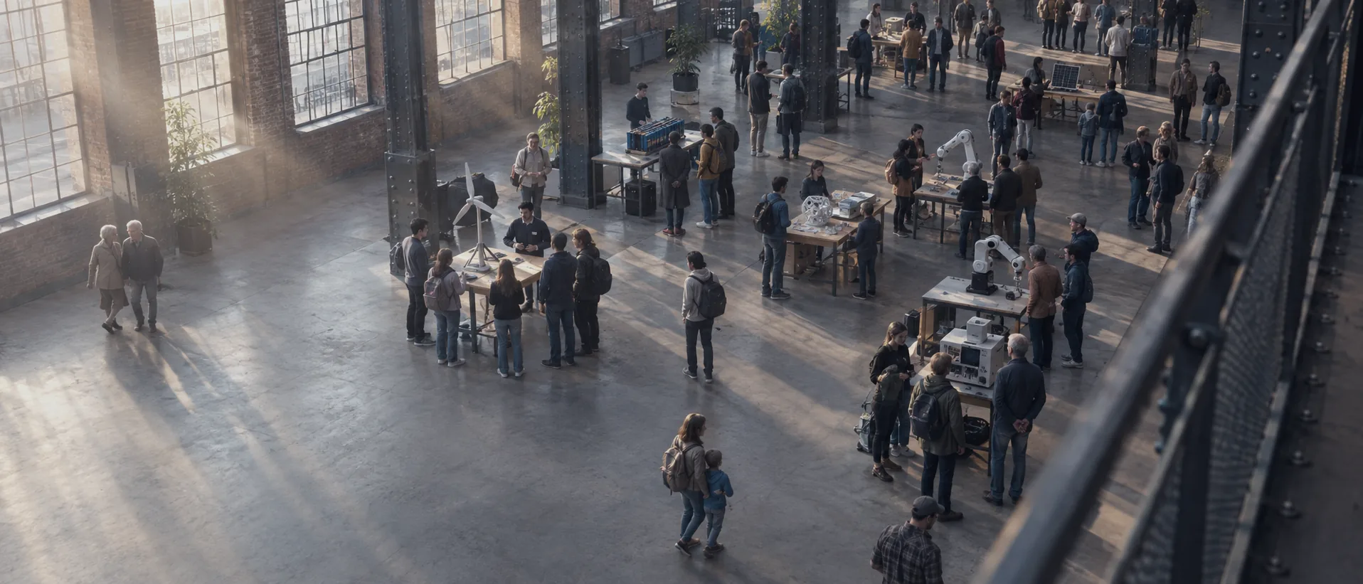 Menschen jeden Alters besuchen in einer ehemaligen Industriehalle junge Teams, die an einfachen Tischen ihre Prototypen zeigen.